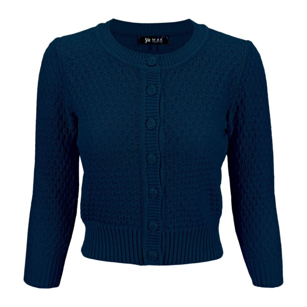 YEMAK Navy Blue Crochet Knit Cropped Cardigan 3/4 Sleeve Crewneck Vintage Style